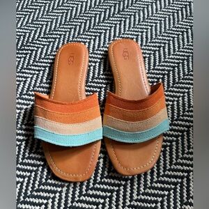 UGG Ximena Flat Slide Sandals Suede Leather Sunset Rust Orange Peach Blue Size 8